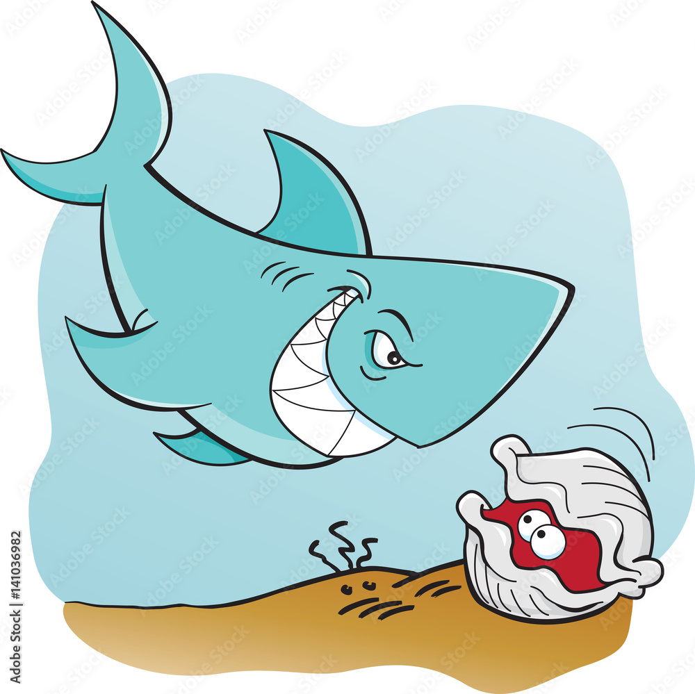 Obraz premium Cartoon illustration of a shark and a clam.