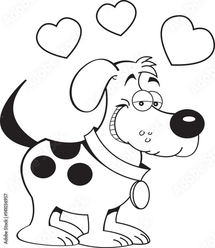 Black and white illustration of a dog in love.