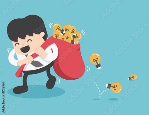 Businessman carrying heavy bag with shining idea light bulbs