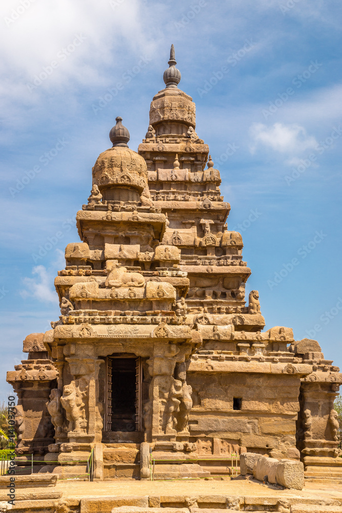 The Shore Temple, an Hindu ancient monolithic near Pancha Rathas - Five Rathas, Mahabalipuram, Tamil Nadu, India