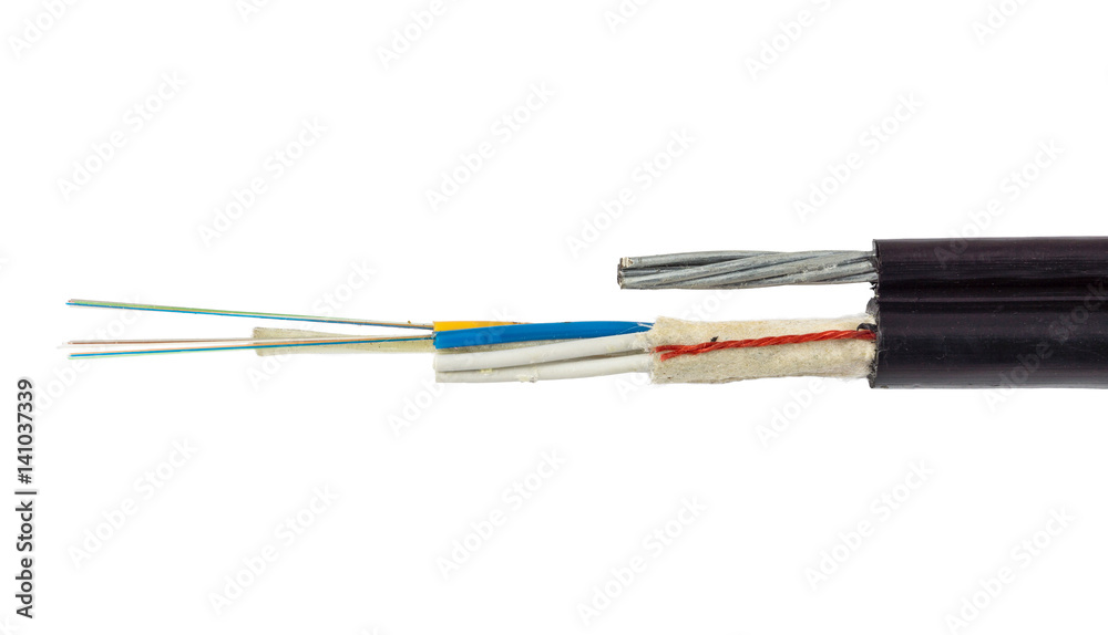 Structure of Figure (8) 12 Core Optical Fiber Cable with Messenger Wire. It is isolated on white background.