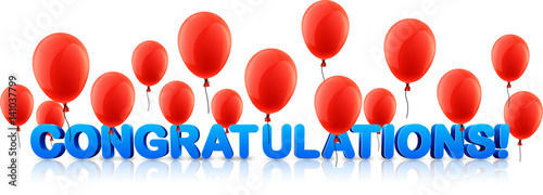 Congratulations banner with red balloons.