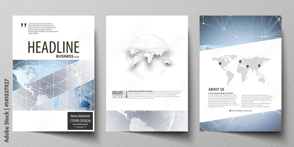 Fototapeta premium The vector illustration of the editable layout of three A4 format modern covers design templates for brochure, magazine, flyer, booklet. Technology concept. Molecule structure, connecting background.