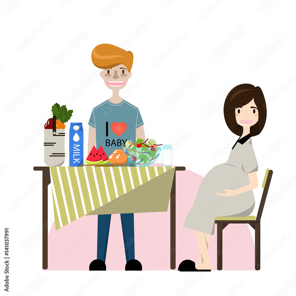 Young couple. Pregnant woman and man. Flat style vector illustration  family. Cartoon characters isolated on white background. healthy Food.  Stock Vector | Adobe Stock