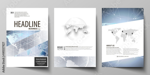 The vector illustration of the editable layout of three A4 format modern covers design templates for brochure, magazine, flyer, booklet. Technology concept. Molecule structure, connecting background.