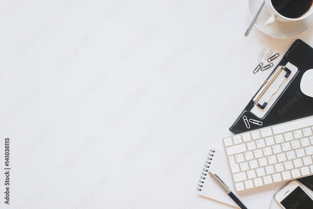 Office items on a white table. Frame for text Office items on a white table. Frame for text