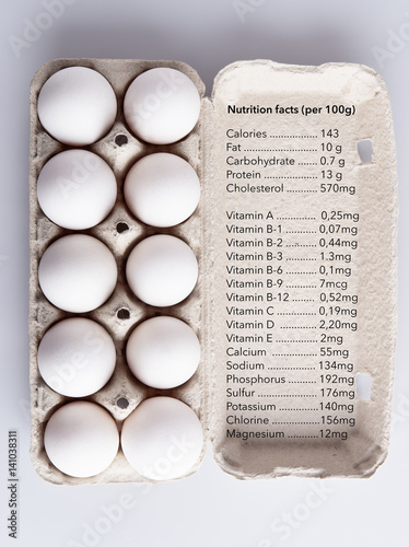 Box with white eggs and nutrition facts on white background