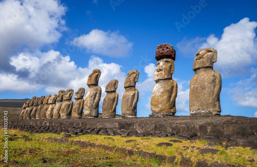 Moais statues, ahu Tongariki, easter island photo
