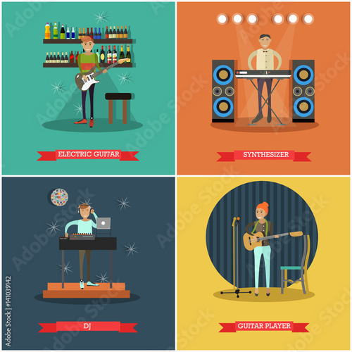 Vector set of musical instruments concept posters in flat style