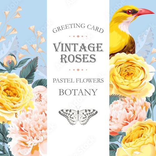 Vintage card with roses and bird