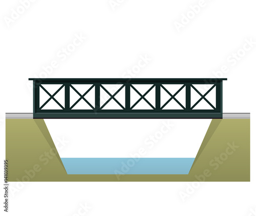 Vector train bridge in 2d side view and isolated on white background. Industrial transportation building. Metallic bridge architecture. Railway bridge with rail. Assembled riveted bridge construction.