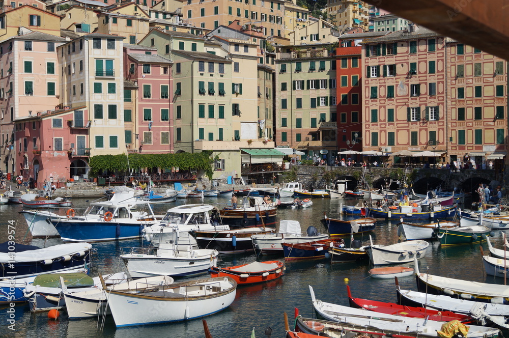 Port of camogli, whit mored boat and house