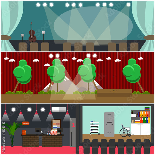 Vector set of opera house, cinema interior flat posters