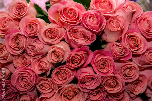 A lot of pink roses bouquet flowers