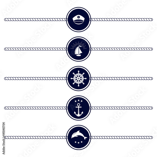 Set of Round Maritime icons. Vector sign anchor ocean ship, graphic element nautical symbols. Marine emblem. Travel sea stamp sailing rope symbols.