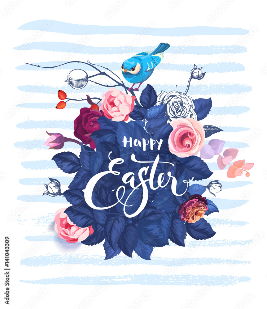 Obraz premium Happy Easter hand written text against bush of rose flowers, blue bird sitting on top of it and horizontal paint traces on background. Vector illustration for party invitation, greeting card, flyer.