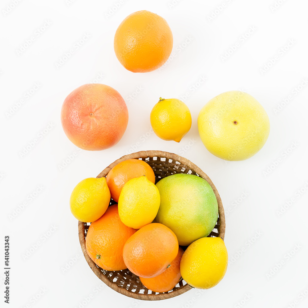 Lemon, orange, grapefruit and mandarine on white background. Flat lay, top view. Fruit's background Lemon, orange, grapefruit and mandarine on white background. Flat lay, top view. Fruit's background