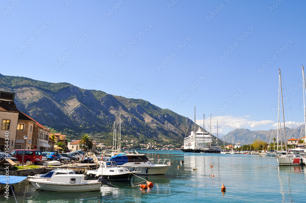 The embankment of the old city of Europe, Boka-Kotorska bay, Montenegro. Cruise on the Adriatic Sea