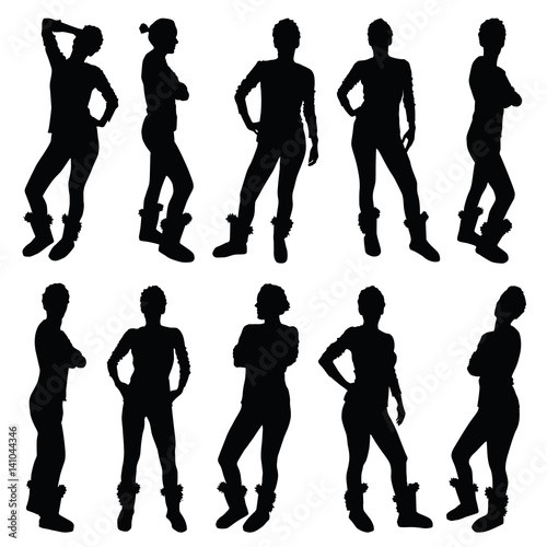 girl figure silhouette in various poses illustration in black color