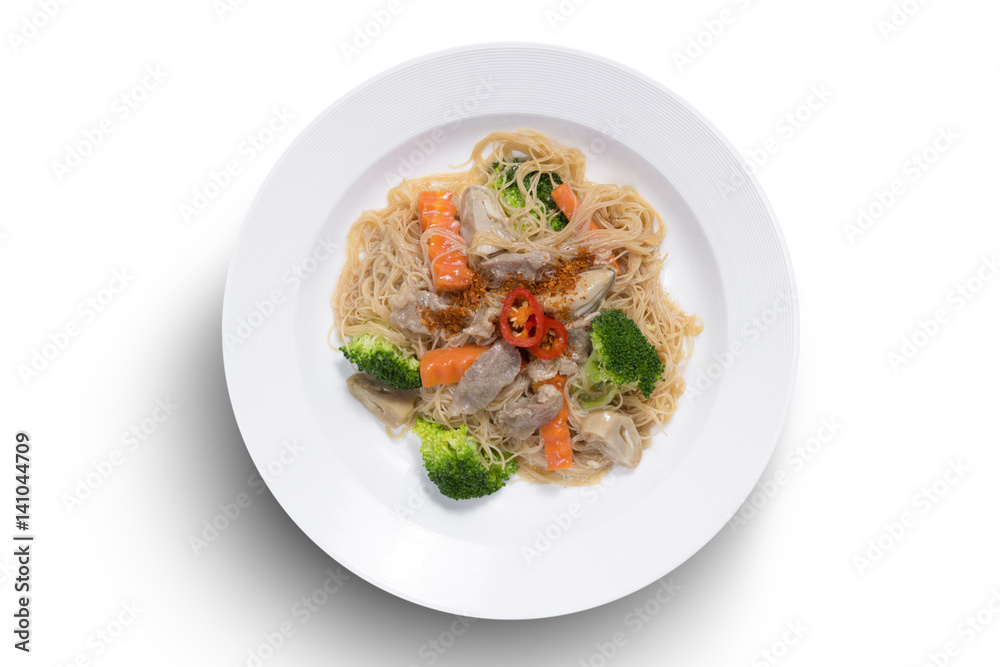Thai food fried noodle with pork and vegetable