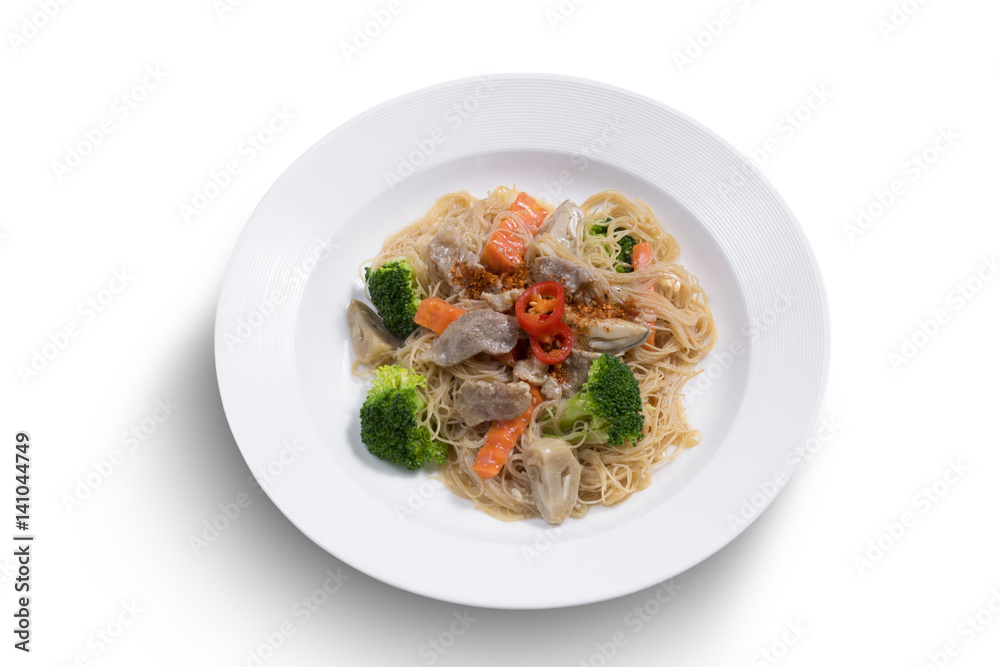 Thai food fried noodle with pork and vegetable Thai food fried noodle with pork and vegetable