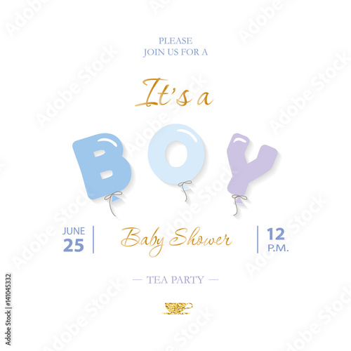 Boy baby shower cute template. Party invitation card with balloon letters in pastel blue.