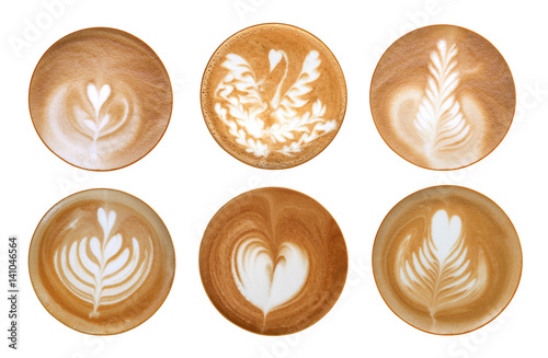 Canvastavla Top view of hot coffee latte art foam set isolated on white background