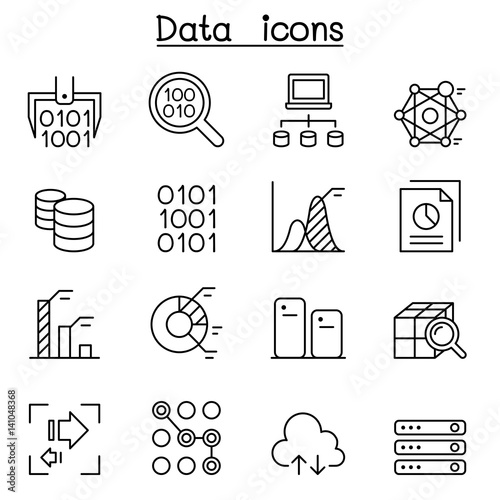 Data mining Technology, Data Transfer, Data warehouse, Big data icon set in thin line style