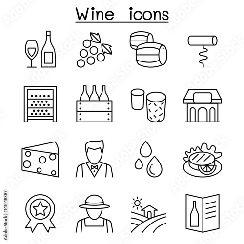 Wine icon set in thin line style