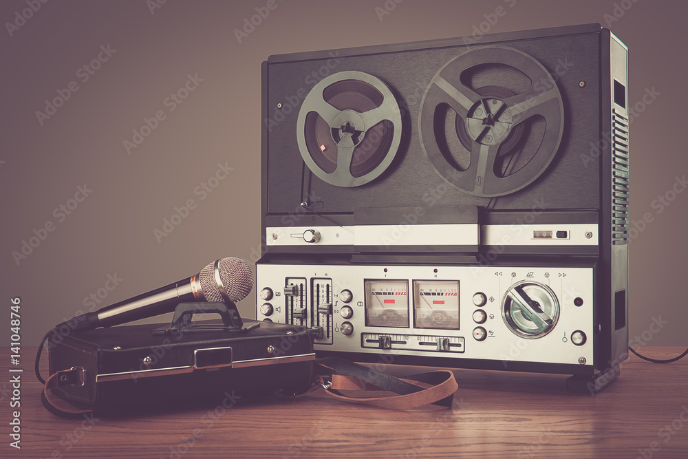 Fototapeta premium Bobbin tape recorder retro micrphone. HD photo.