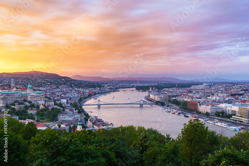 Evening panorama of Budapes from Gellert Hill with a beautiful sunset sky © LALSSTOCK