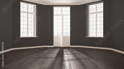 Empty room with big windows ad parquet floor, minimalist classic interior design