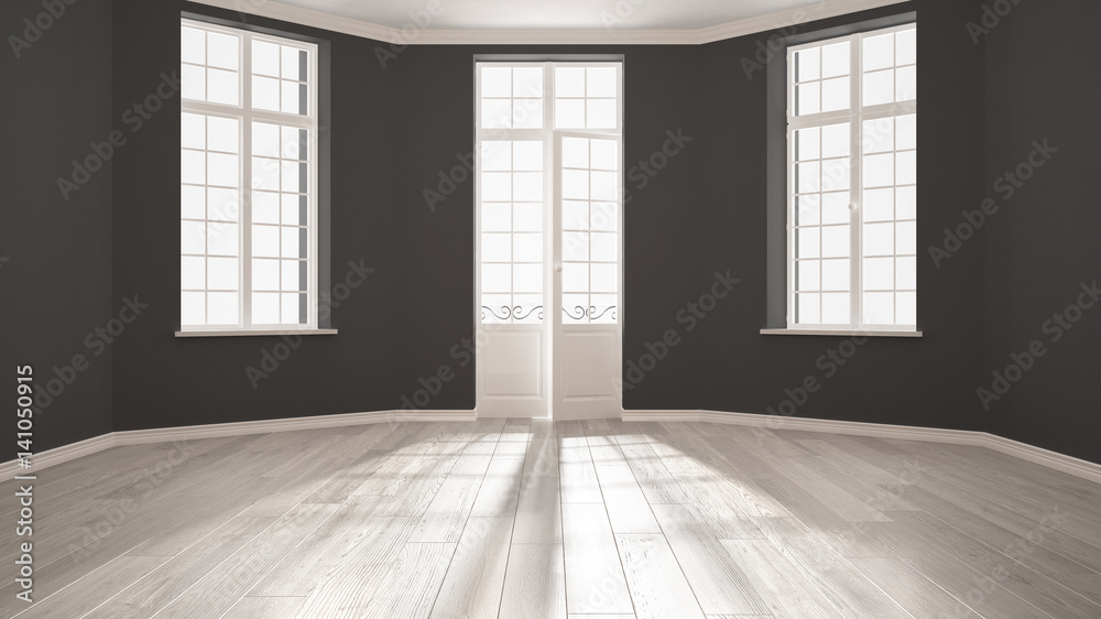 Empty room with big windows ad parquet floor, minimalist classic interior design Empty room with big windows ad parquet floor, minimalist classic interior design