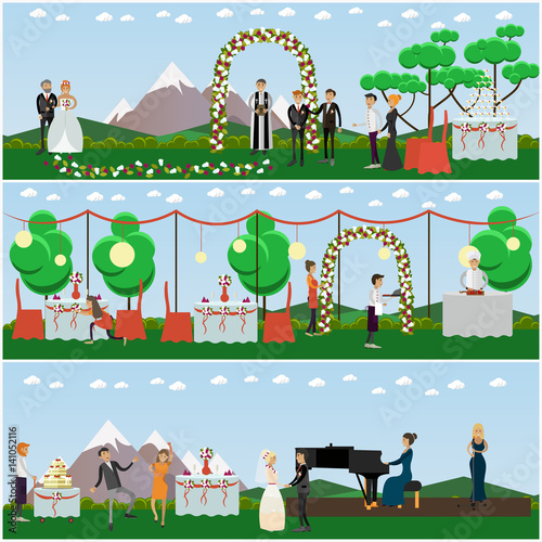 Vector set of wedding posters, banners in flat style