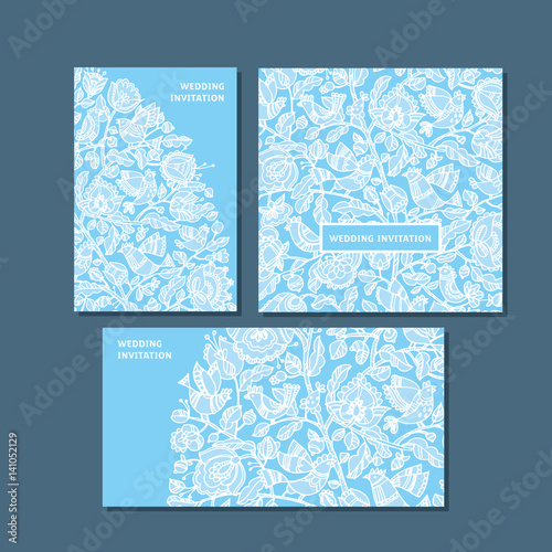 Blue color decorative greeting cards set. Hand drawn lace like pattern with folk style tree and birds. Elegant vector illustration for print, wedding invitation, poster..