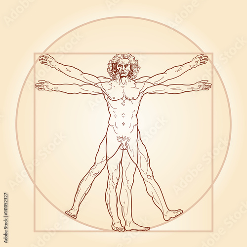HOMO VITRUVIANO. The Vitruvian man / Leonardo's man. Detailed drawing on basis of artwork masterpiece by Leonardo da Vinci (performed circa 1490-1492) by ancient manuscript of Roman master Vitruvius. photo