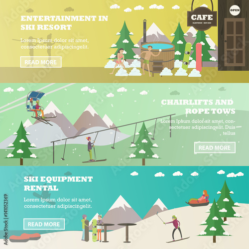 Vector set of winter fun horizontal banners in flat style