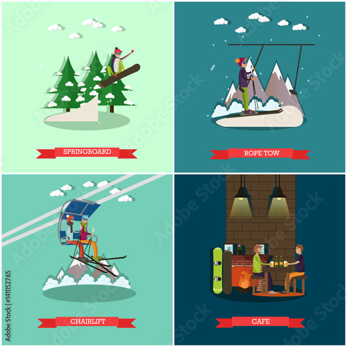 Vector set of winter holiday posters in flat style