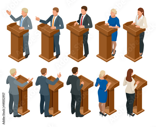 Isometric public orator speaking from tribune. Business manager making public presentation speech at tribune with microphone. People isolated on white, vector illustration