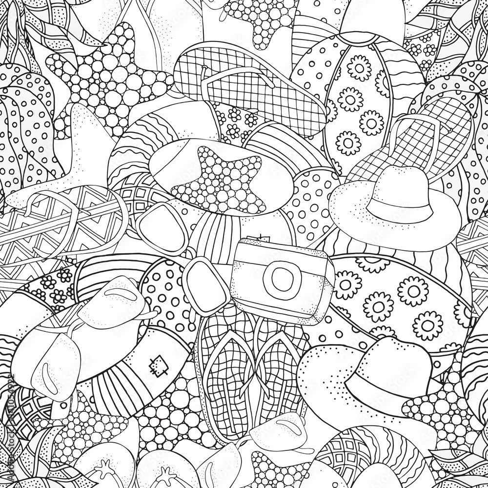 Seamless pattern with starfish, lifebuoy, sunglasses, ball, flip-flops, hat, camera.