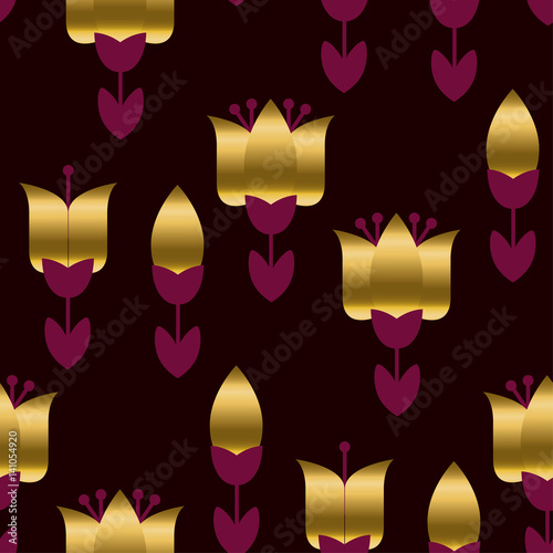 Deep red color decorative seamless pattern with gold elements. Luxury style surface design for wrapping paper, print, background, fabric.