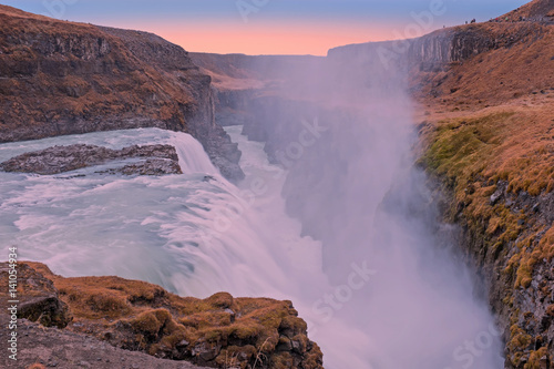 Powerfull Gullfoss Waterfalls in Iceland at sunset