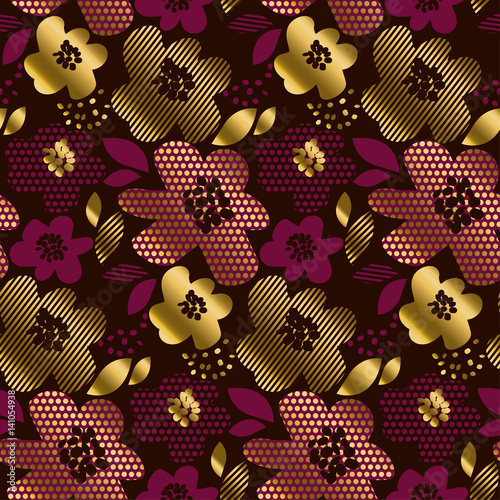 Deep red color decorative seamless pattern with gold elements. Luxury style surface design for wrapping paper, print, background, fabric.