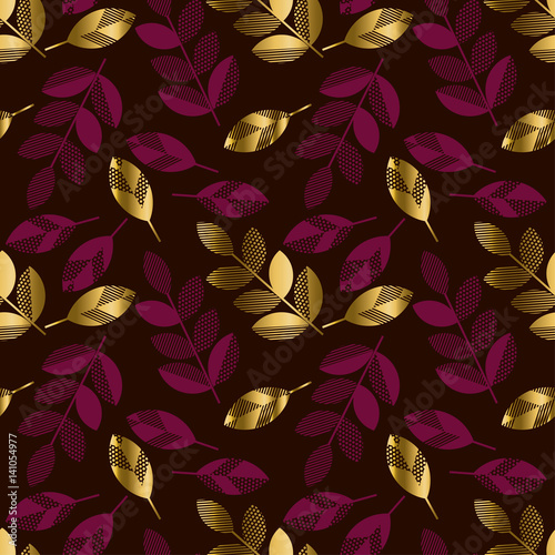 Deep red color decorative seamless pattern with gold elements. Luxury style surface design for wrapping paper, print, background, fabric.