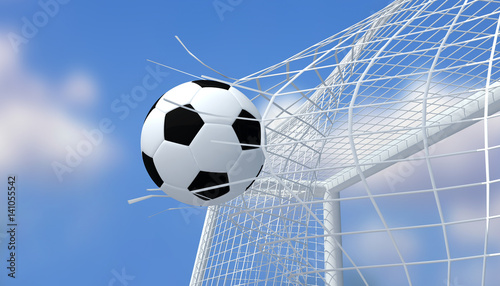 Football black and white color shooting Goal with blurred blue sky background.3D Rendering