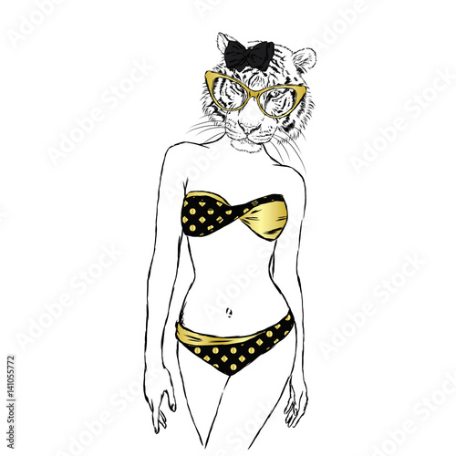 Fototapeta Naklejka Na Ścianę i Meble -  The tigress with the human body in a bathing suit. The girl with a beautiful body. Vector illustration.