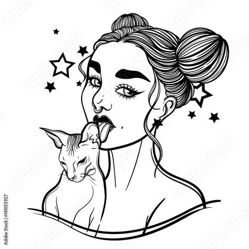cute vector art card with gothic girl and her pet cat. Fashion woman. linear tattoo print illustration.