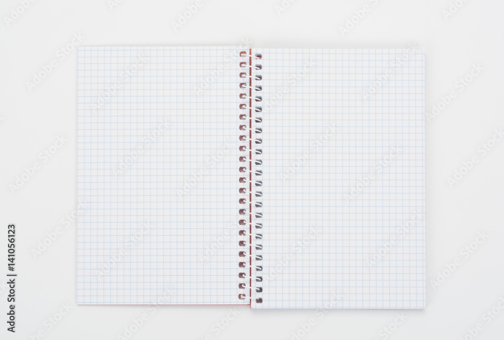 Cuaderno o libreta abierta con dibujo en cuadrícula, aislada sobre fondo  blanco Stock Photo