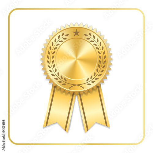 Award ribbon gold icon. Blank medal with laurel wreath isolated white background. Stamp rosette design trophy. Golden symbol of winner, celebration, sport competition, champion. Vector illustration