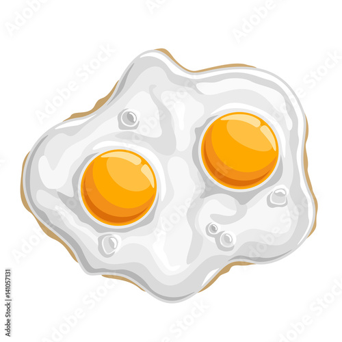 Vector illustration Fried chicken Egg: isolated cooked white protein with 2 yellow yolk-sunny side, logo cartoon cooking fried egg - top view, abstract clip art of traditional crispy fry breakfast up.